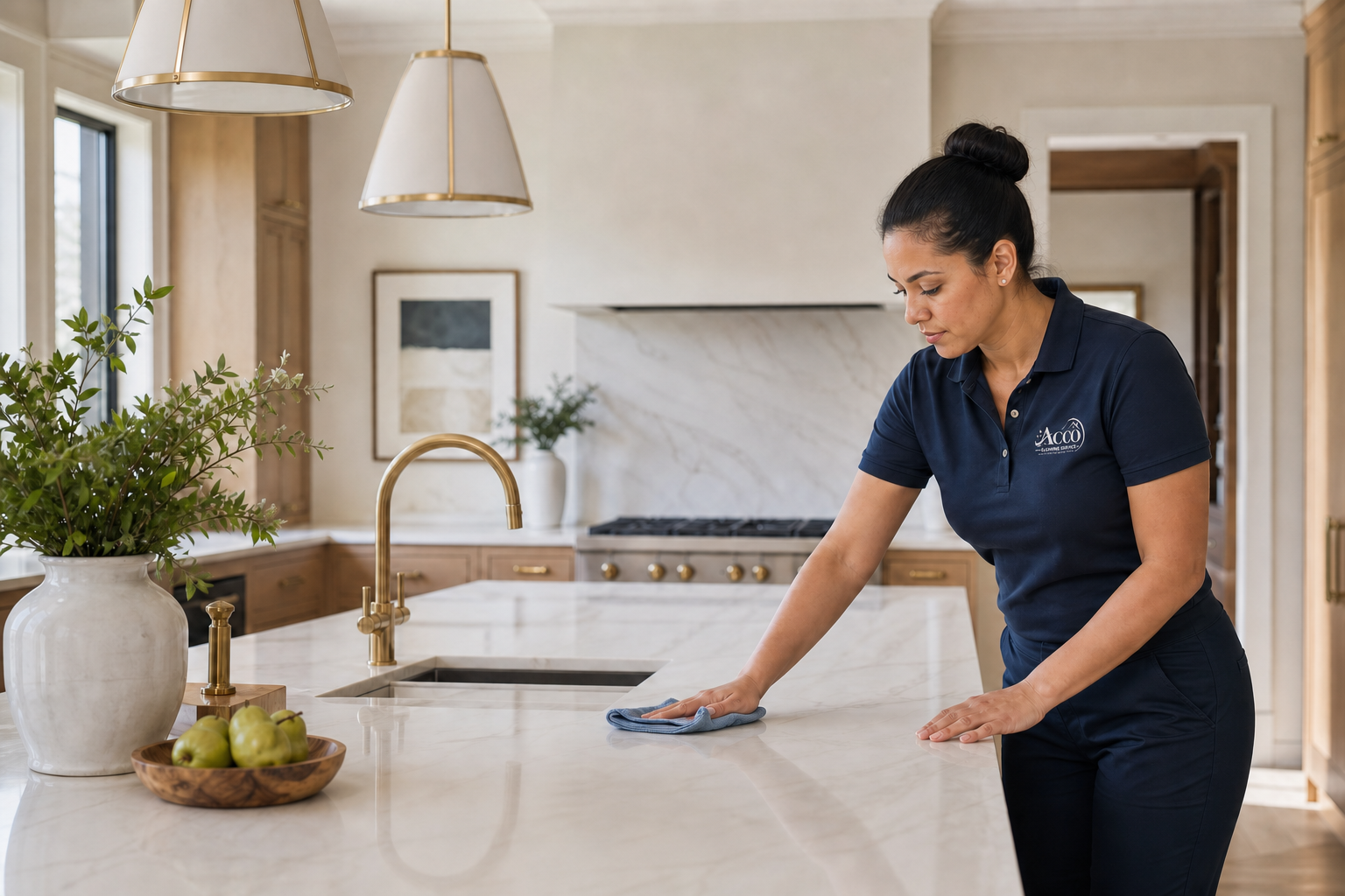 Acco Cleaning professional carefully cleaning a bright luxury kitchen