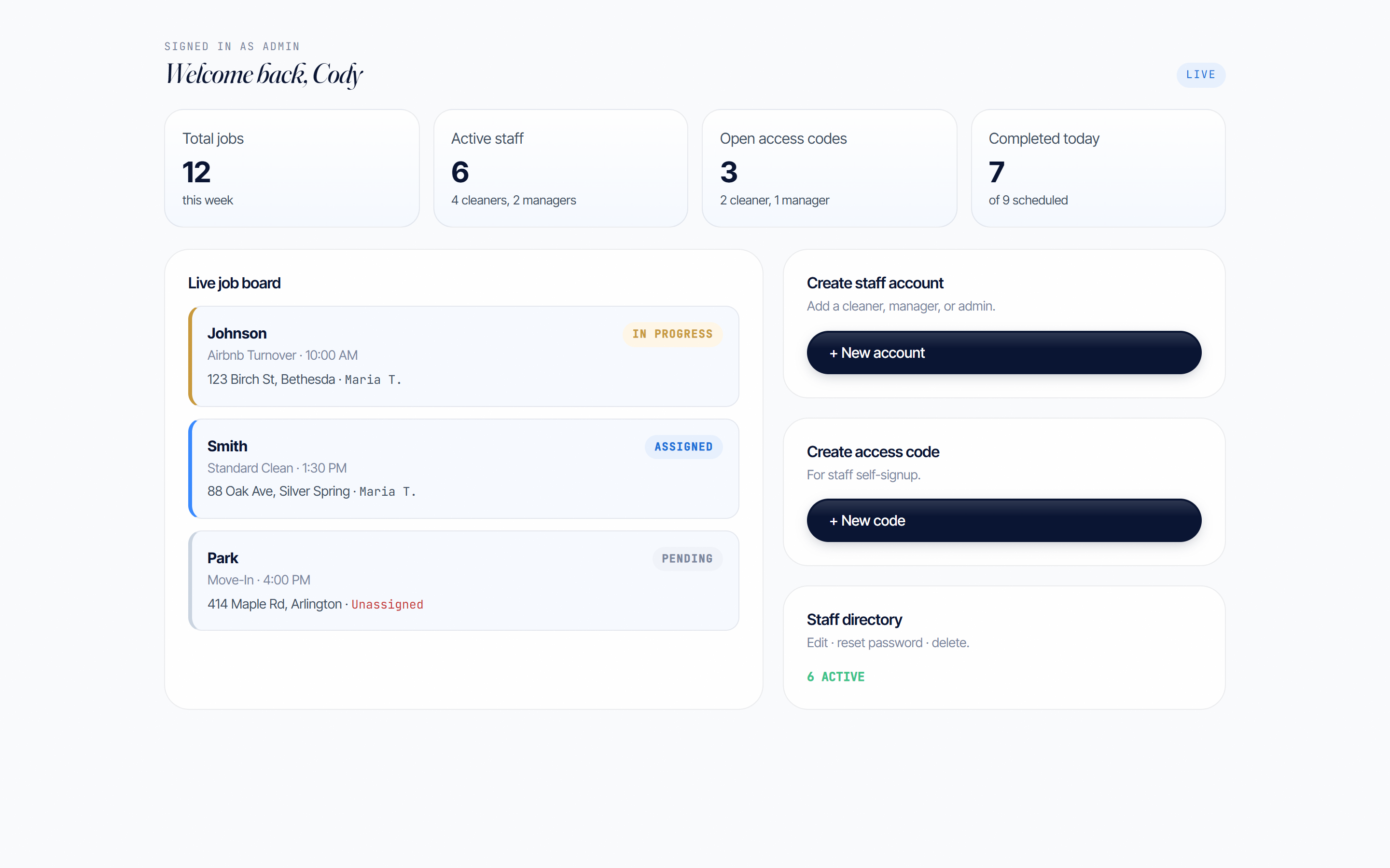 Real screenshot of the admin dashboard with stats strip, live job board, and admin tools