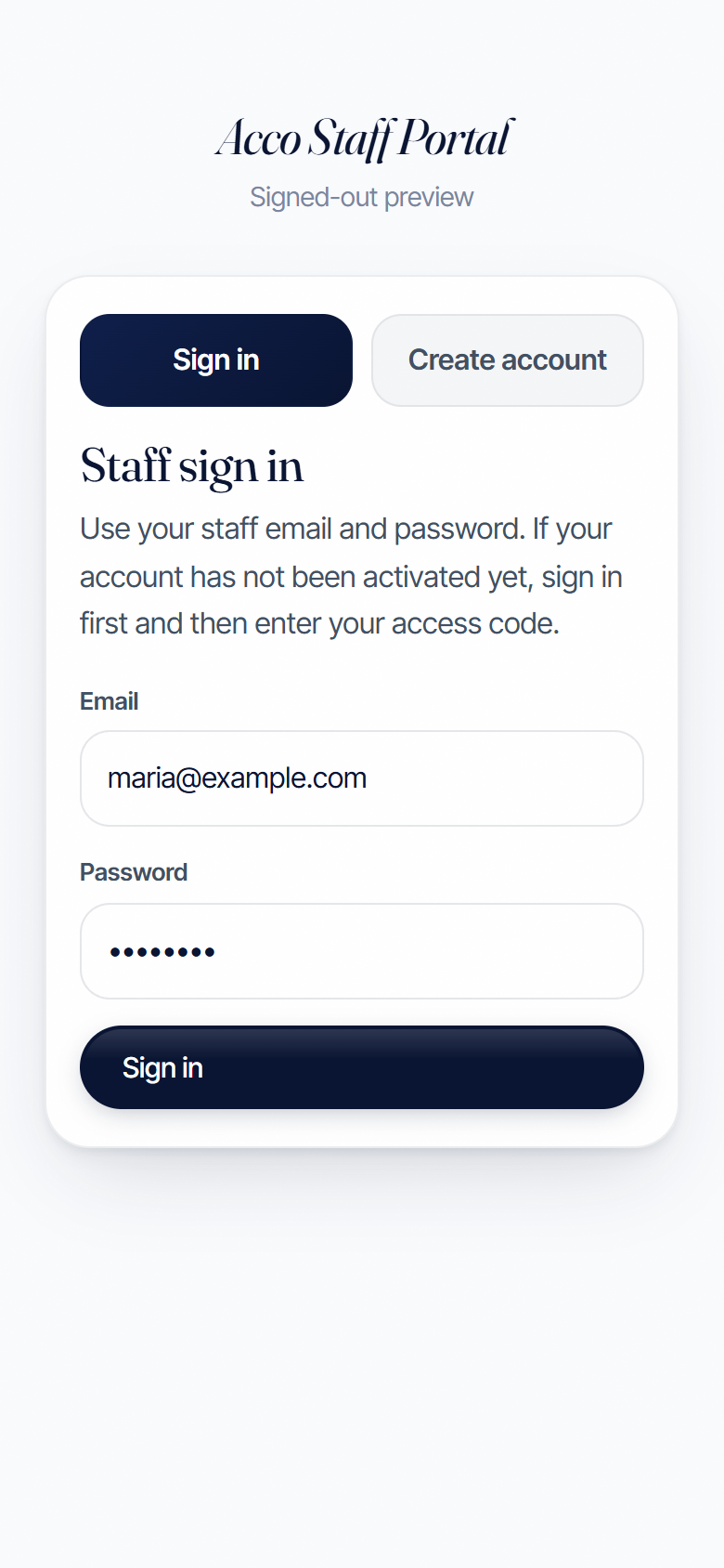 Real screenshot of the staff portal sign-in screen