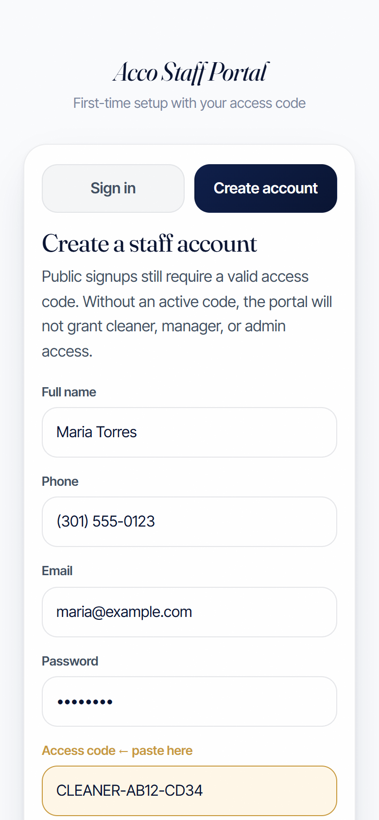 Real screenshot of the Create account screen with the access code field highlighted in gold